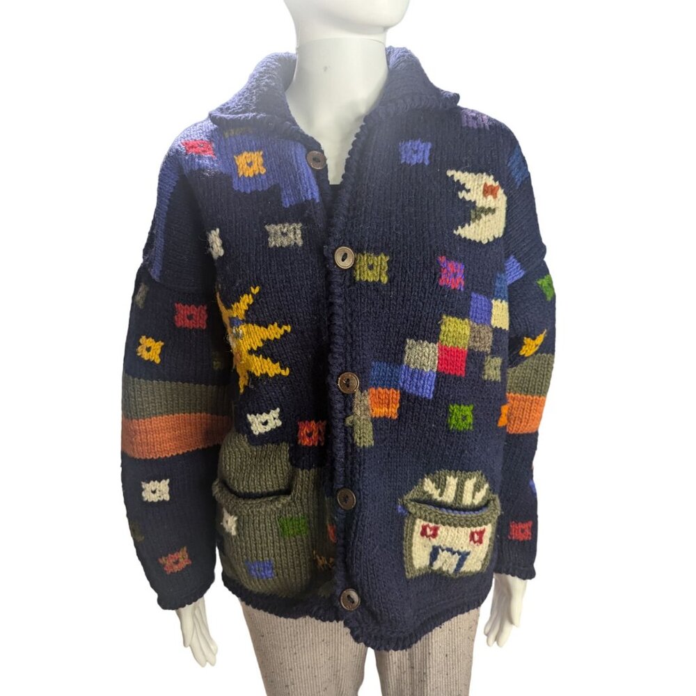 Artesanias Hand-Knitted Navy Cardigan 100% Wool Fun Patterns